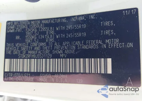 2018 Toyota Highlander Se из США, поврежденный, VIN 5TDKZRFH9JS531129